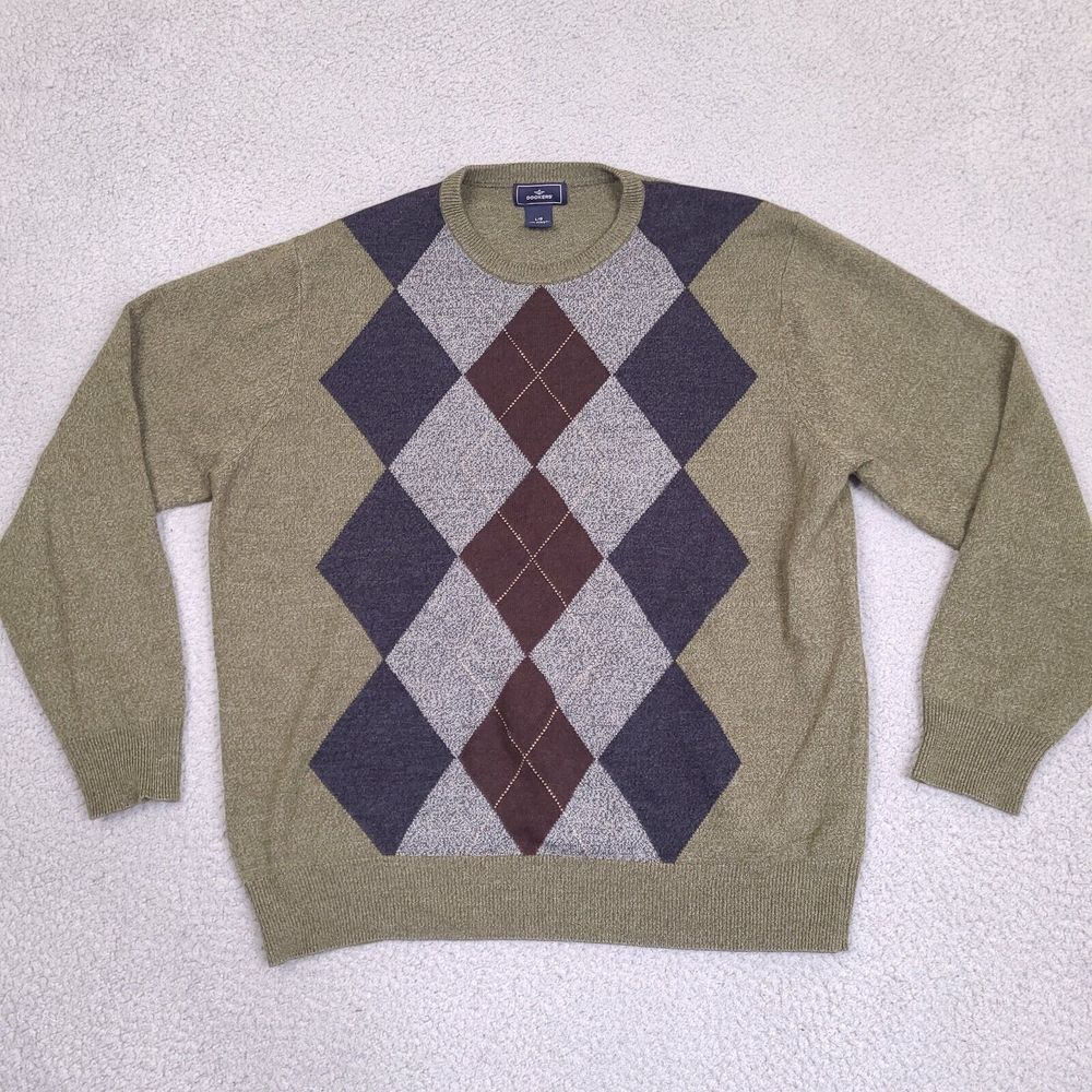 Dockers Mens Large Argyle Knit Sweater‎ Green Long Sleeve Lightweight Acrylic